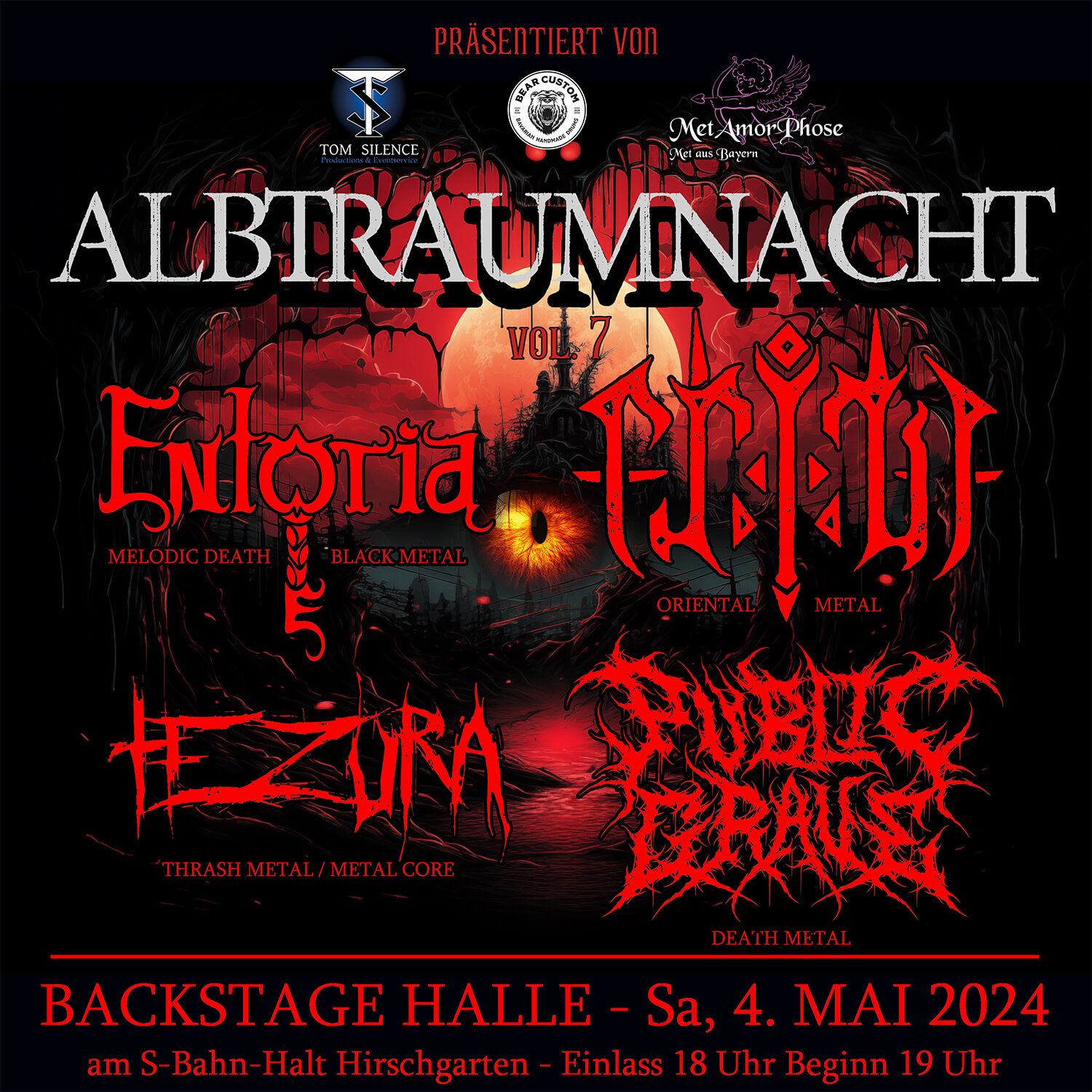 Albtraumnacht vol. 5 am 9. Juli 2022 im Backstage München. Ein Metal Konzert mit den Bands Entoria, Splicer, Burn down Eden, A Feast for Crows